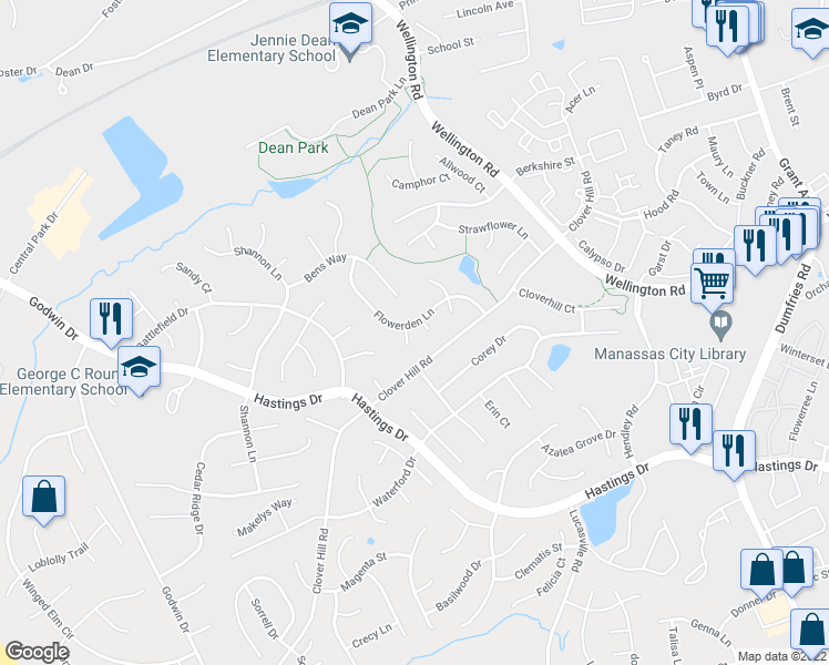 map of restaurants, bars, coffee shops, grocery stores, and more near 10237 Bethany Court in Manassas