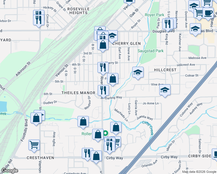 map of restaurants, bars, coffee shops, grocery stores, and more near 418A Clinton Avenue in Roseville