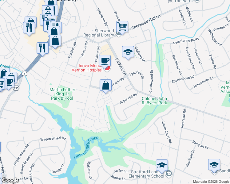 map of restaurants, bars, coffee shops, grocery stores, and more near 2559 James David Way in Alexandria