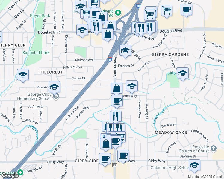 map of restaurants, bars, coffee shops, grocery stores, and more near in Roseville
