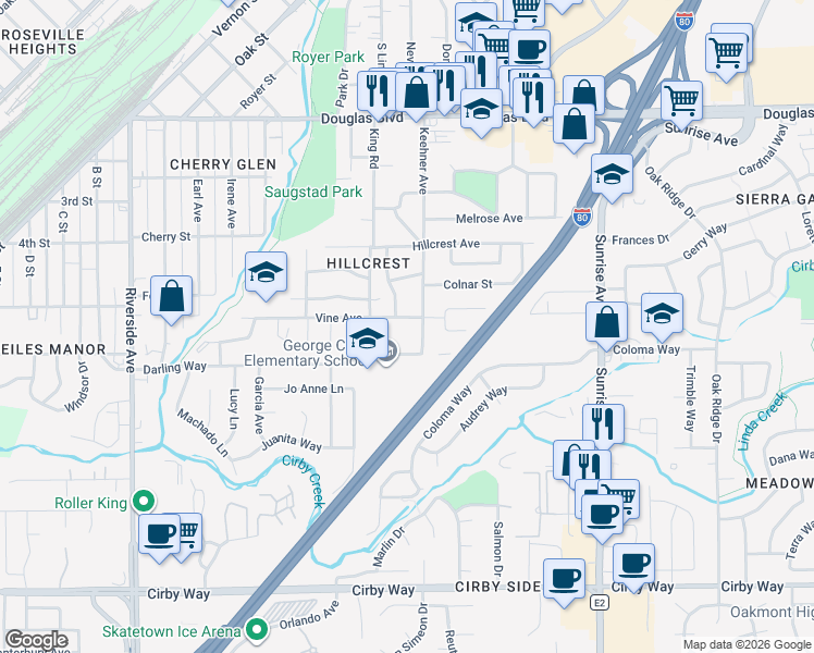 map of restaurants, bars, coffee shops, grocery stores, and more near 910 Vine Avenue in Roseville