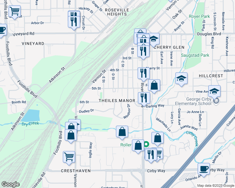 map of restaurants, bars, coffee shops, grocery stores, and more near in Roseville