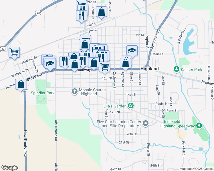 map of restaurants, bars, coffee shops, grocery stores, and more near 1101 13th Street in Highland