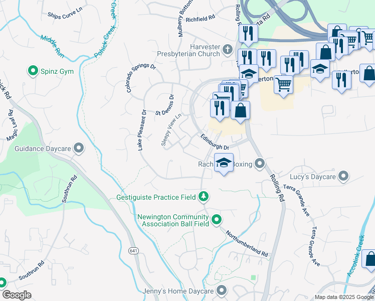map of restaurants, bars, coffee shops, grocery stores, and more near 8061 Powderbrook Lane in Springfield
