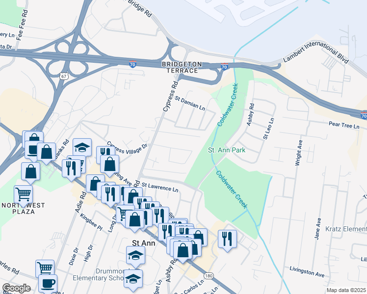map of restaurants, bars, coffee shops, grocery stores, and more near 11221 Saint Shawn Lane in Saint Ann