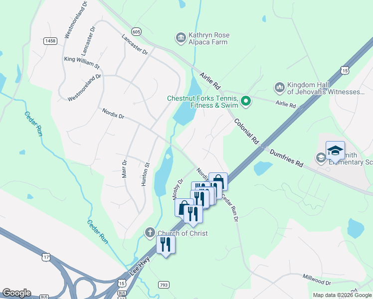 map of restaurants, bars, coffee shops, grocery stores, and more near 7235 Princess Anne Court in Warrenton