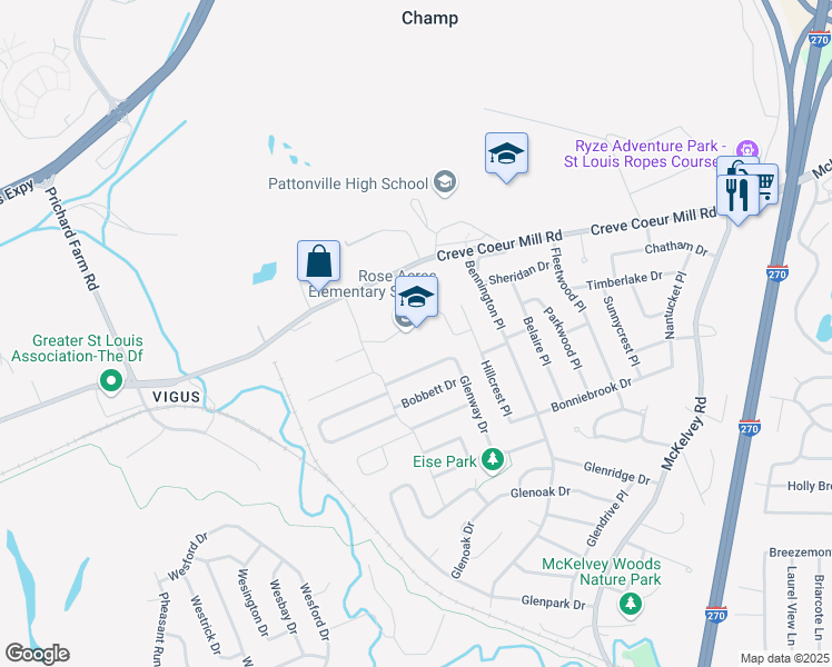 map of restaurants, bars, coffee shops, grocery stores, and more near 2905 Rose Acres Lane in Maryland Heights