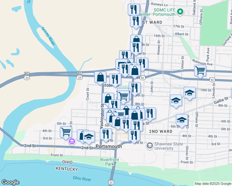 map of restaurants, bars, coffee shops, grocery stores, and more near 907 U.S. 23 in Portsmouth
