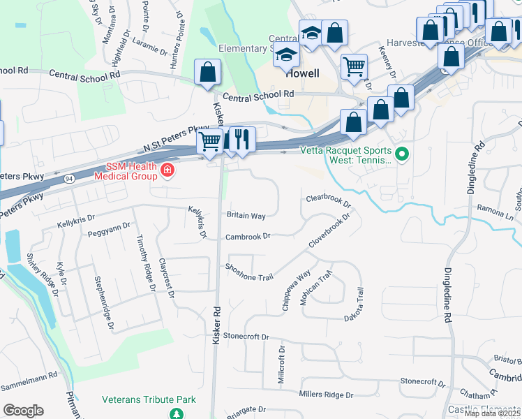 map of restaurants, bars, coffee shops, grocery stores, and more near 103 Britain Way in Saint Charles