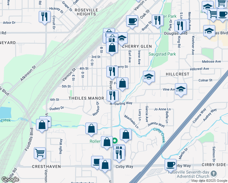 map of restaurants, bars, coffee shops, grocery stores, and more near 513 Riverside Avenue in Roseville