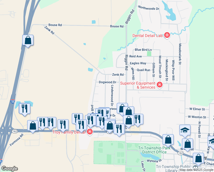 map of restaurants, bars, coffee shops, grocery stores, and more near 505 Red Bud Lane in Troy