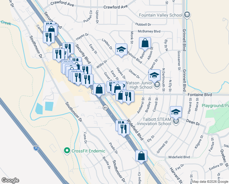 map of restaurants, bars, coffee shops, grocery stores, and more near 117 Kiva Road in Colorado Springs
