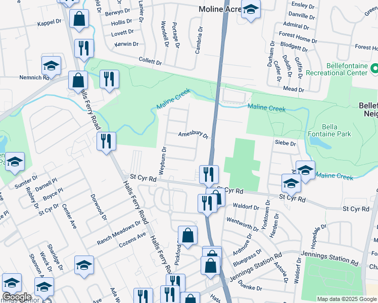 map of restaurants, bars, coffee shops, grocery stores, and more near 2436 Netherwood Drive in St. Louis