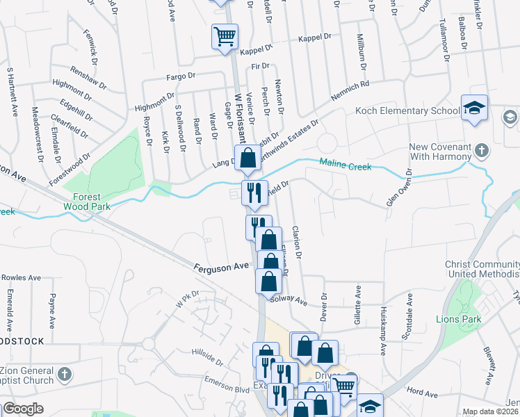 map of restaurants, bars, coffee shops, grocery stores, and more near 9260 West Florissant Avenue in St. Louis