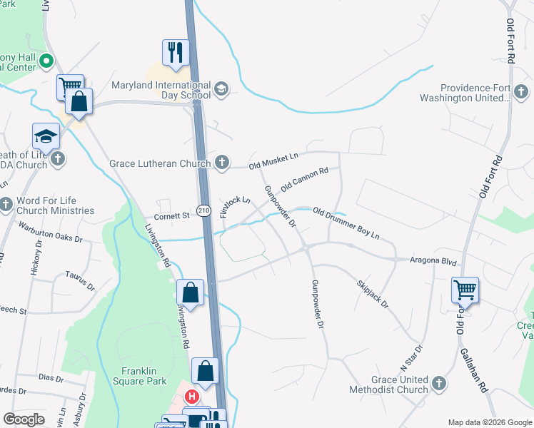 map of restaurants, bars, coffee shops, grocery stores, and more near 11002 Captains View Lane in Fort Washington