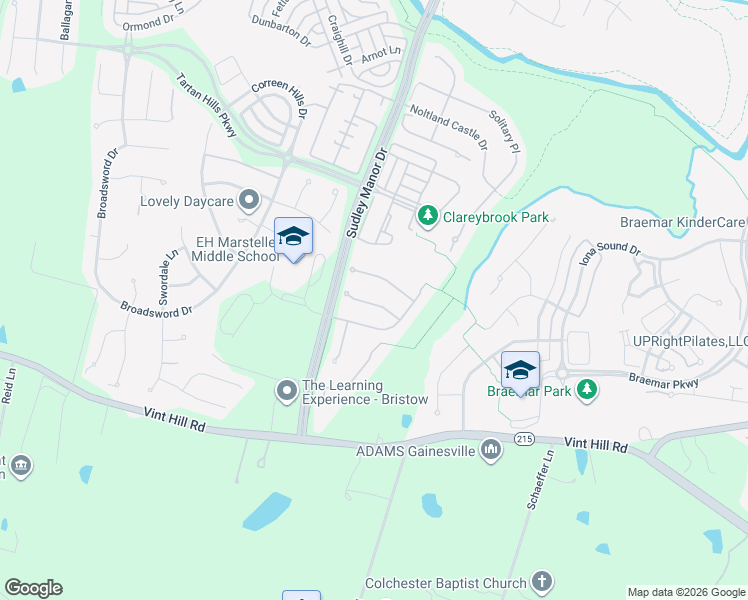 map of restaurants, bars, coffee shops, grocery stores, and more near 10121 Elliston Court in Bristow