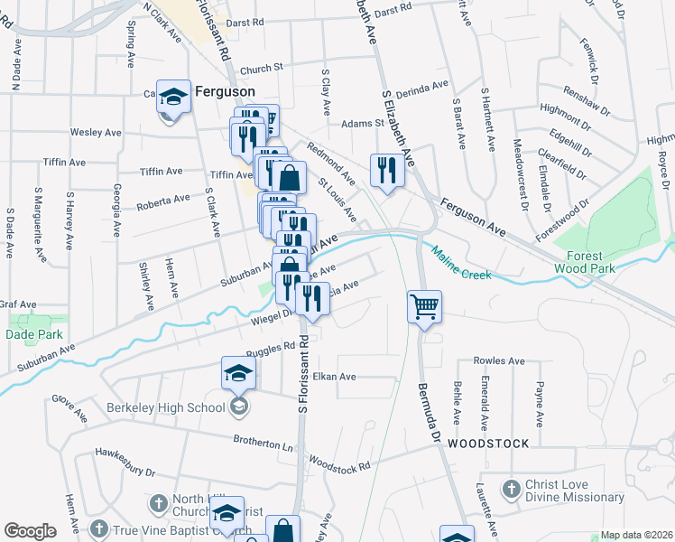 map of restaurants, bars, coffee shops, grocery stores, and more near 28 Lee Avenue in Ferguson