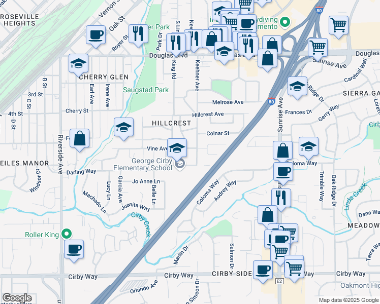 map of restaurants, bars, coffee shops, grocery stores, and more near 906 Vine Avenue in Roseville