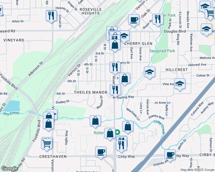 map of restaurants, bars, coffee shops, grocery stores, and more near 513 B Street in Roseville