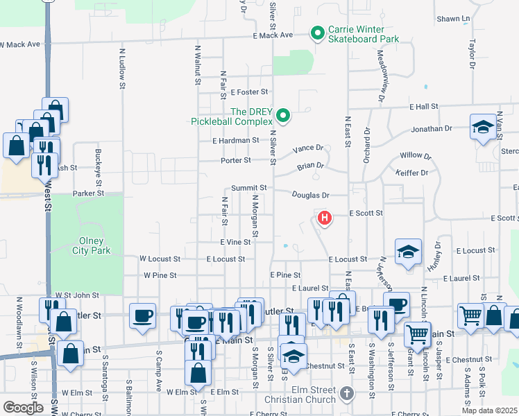 map of restaurants, bars, coffee shops, grocery stores, and more near 806 North Morgan Street in Olney