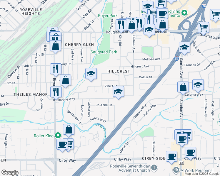 map of restaurants, bars, coffee shops, grocery stores, and more near 601 George Lane in Roseville