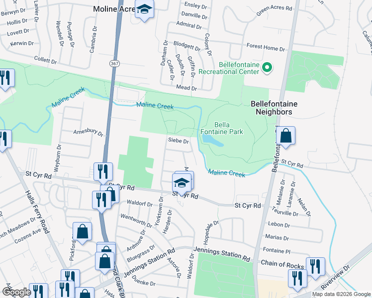 map of restaurants, bars, coffee shops, grocery stores, and more near 1135 Angeline Dr in St Louis