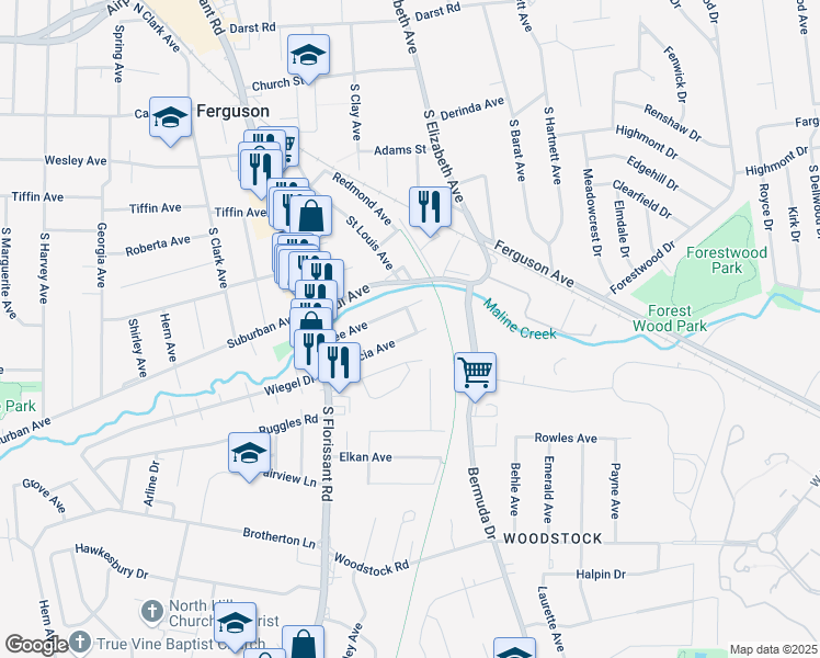 map of restaurants, bars, coffee shops, grocery stores, and more near 607 East Avenue in Ferguson