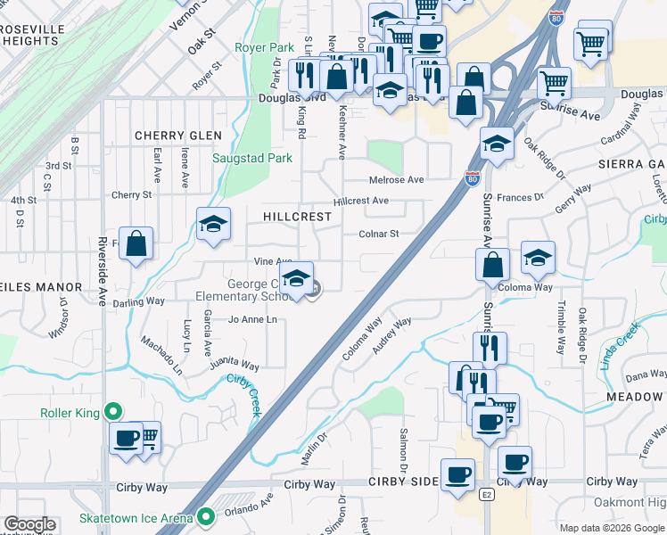 map of restaurants, bars, coffee shops, grocery stores, and more near 910 Vine Avenue in Roseville