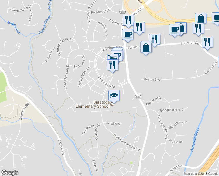 map of restaurants, bars, coffee shops, grocery stores, and more near 8101 Northumberland Road in Springfield