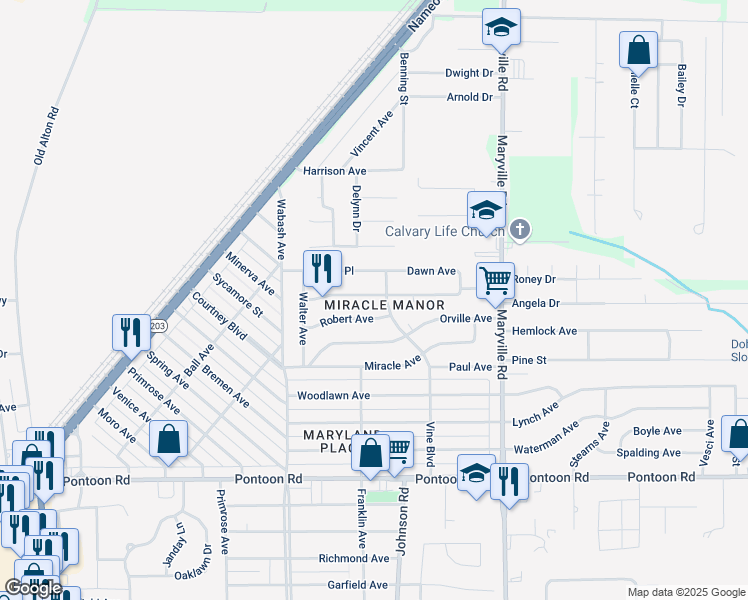 map of restaurants, bars, coffee shops, grocery stores, and more near 2184 Bern Avenue in Granite City