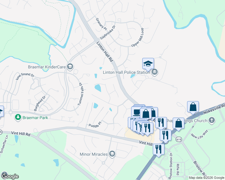 map of restaurants, bars, coffee shops, grocery stores, and more near 10120 Crashing Thunder Place in Nokesville