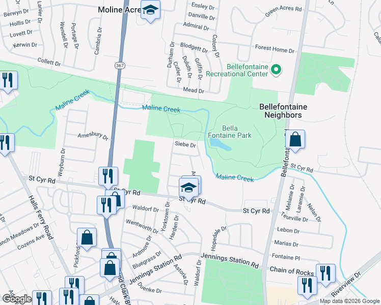 map of restaurants, bars, coffee shops, grocery stores, and more near 1135 Angeline Drive in St. Louis