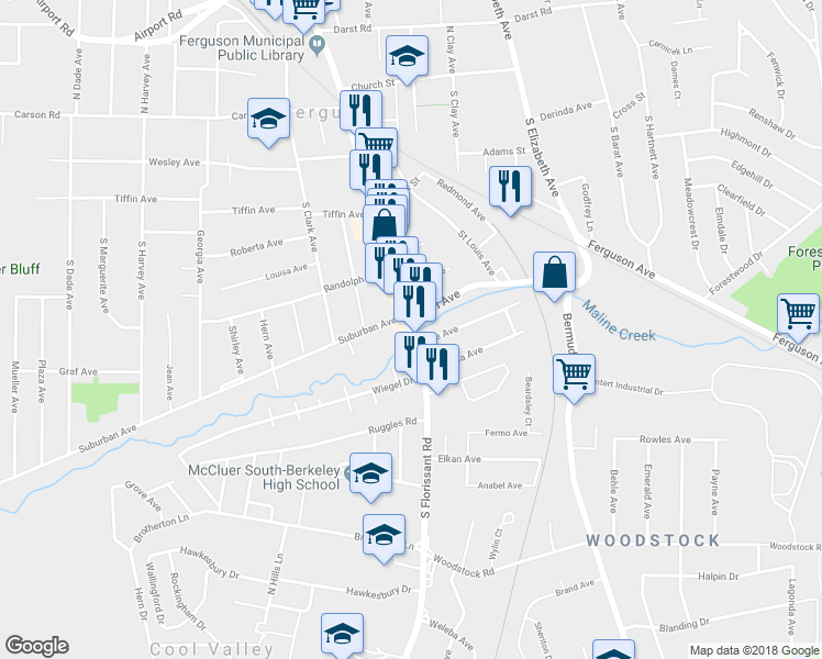 map of restaurants, bars, coffee shops, grocery stores, and more near South Florissant Road in Ferguson