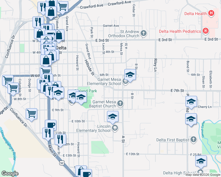 map of restaurants, bars, coffee shops, grocery stores, and more near 764 East 7th Street in Delta