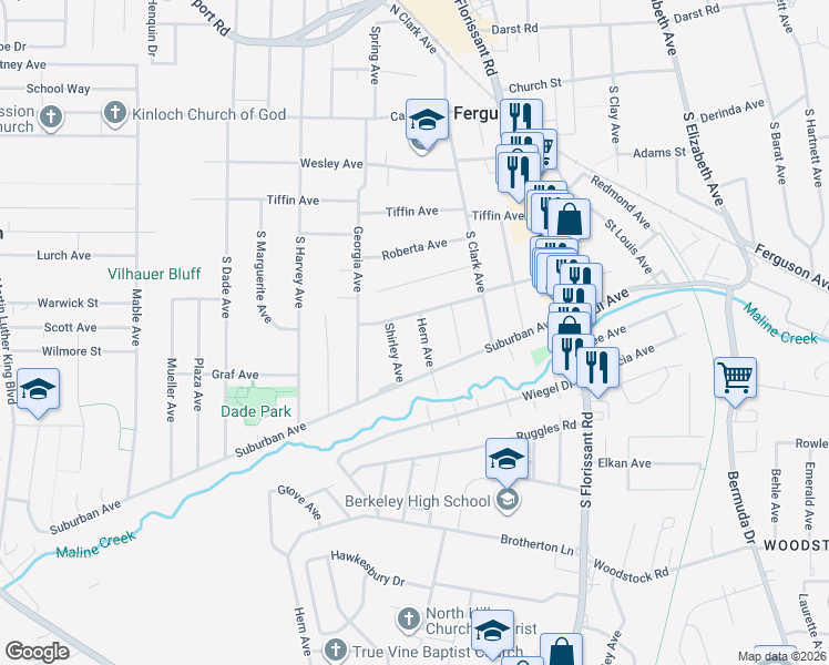 map of restaurants, bars, coffee shops, grocery stores, and more near 410 Shirley Avenue in Ferguson