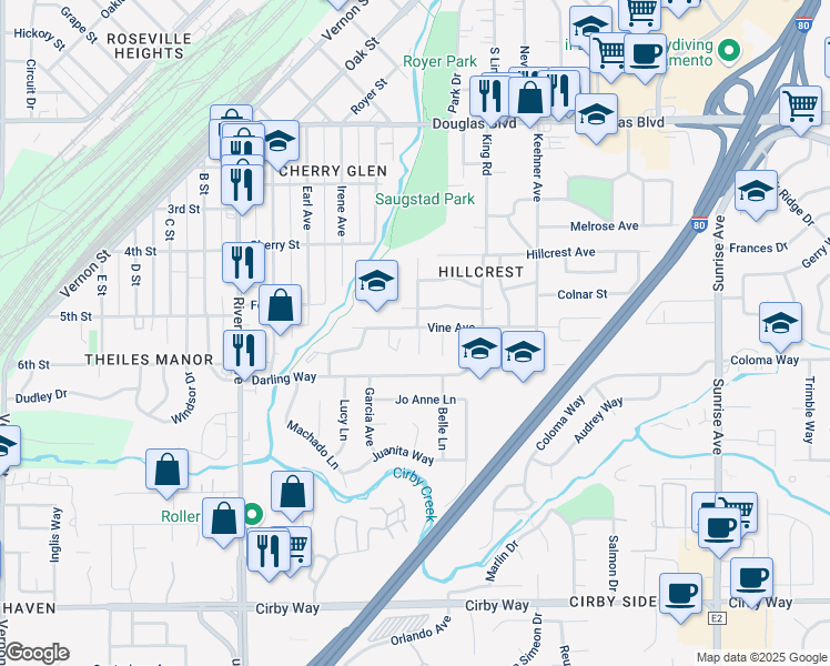 map of restaurants, bars, coffee shops, grocery stores, and more near 618 Vine Avenue in Roseville