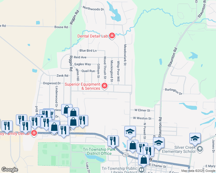 map of restaurants, bars, coffee shops, grocery stores, and more near 307 Meadow Drive in Troy