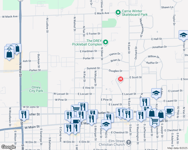 map of restaurants, bars, coffee shops, grocery stores, and more near 806 North Morgan Street in Olney
