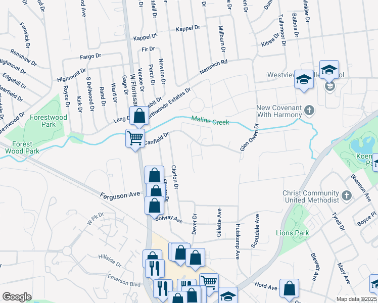 map of restaurants, bars, coffee shops, grocery stores, and more near 2940 Caddiefield Road in Jennings
