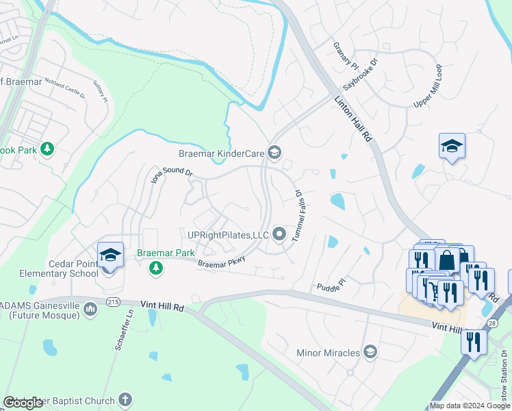 map of restaurants, bars, coffee shops, grocery stores, and more near 10028 Island Fog Court in Bristow