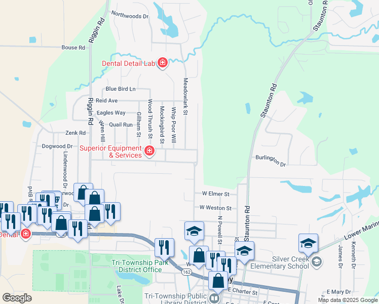 map of restaurants, bars, coffee shops, grocery stores, and more near 202 Red Bird Street in Troy