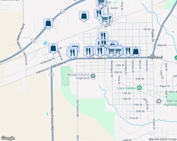 map of restaurants, bars, coffee shops, grocery stores, and more near 613 13th Street in Highland