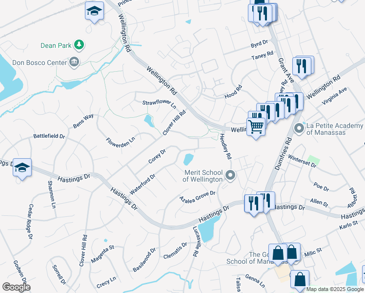 map of restaurants, bars, coffee shops, grocery stores, and more near 9412 Waterford Drive in Manassas