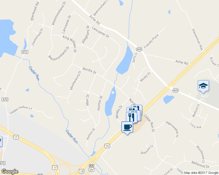map of restaurants, bars, coffee shops, grocery stores, and more near 7229 Hunton Street in Warrenton