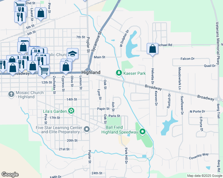 map of restaurants, bars, coffee shops, grocery stores, and more near 1217 El Kay Court in Highland