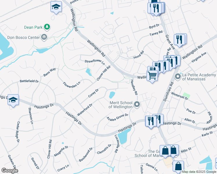 map of restaurants, bars, coffee shops, grocery stores, and more near 9412 Waterford Drive in Manassas