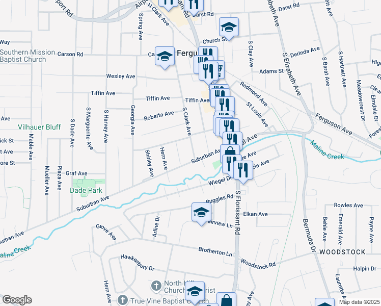 map of restaurants, bars, coffee shops, grocery stores, and more near 429 South Clark Avenue in Ferguson
