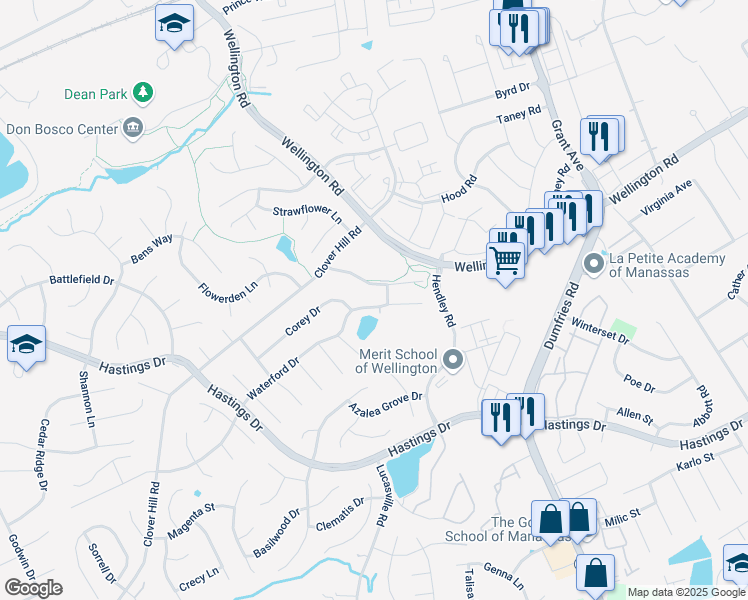 map of restaurants, bars, coffee shops, grocery stores, and more near 9408 Waterford Drive in Manassas