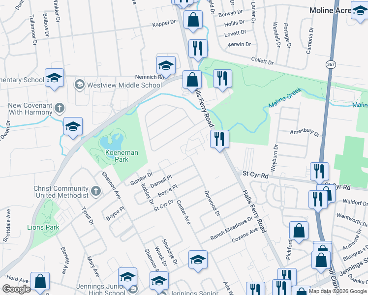 map of restaurants, bars, coffee shops, grocery stores, and more near 9150 Hemis Fair Drive in St. Louis