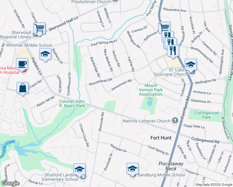 map of restaurants, bars, coffee shops, grocery stores, and more near 8125 Bainbridge Road in Alexandria